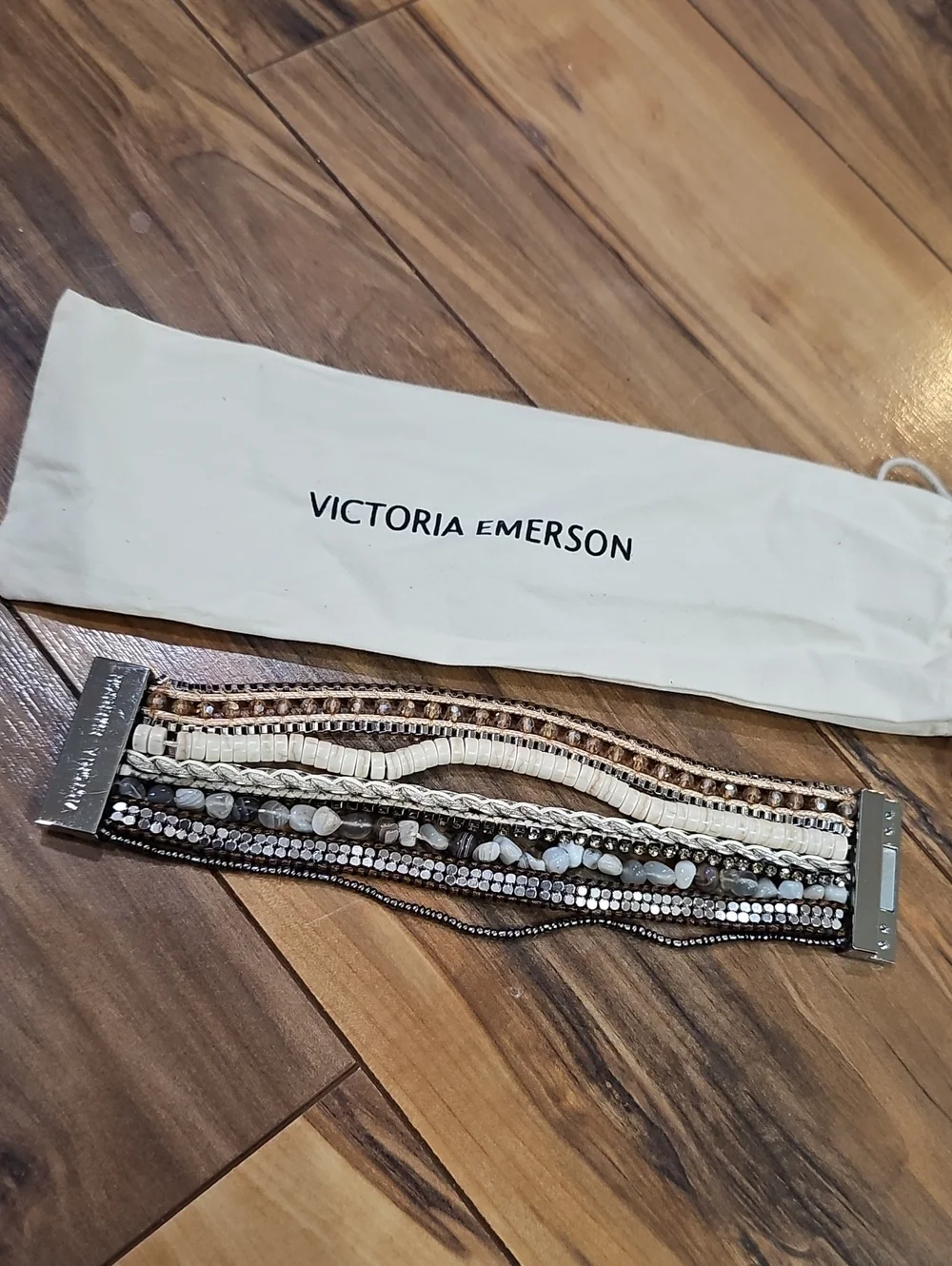 Victoria Emerson Layered Neutral Beaded Wrap Bracelet with Silver Accents